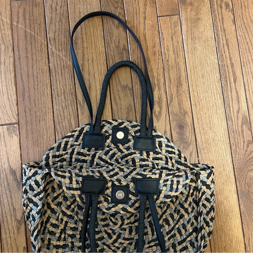 Woven Black, Blue, and Tan Large Cottagecore Feminine Tote Handbag - Picture 3 of 7